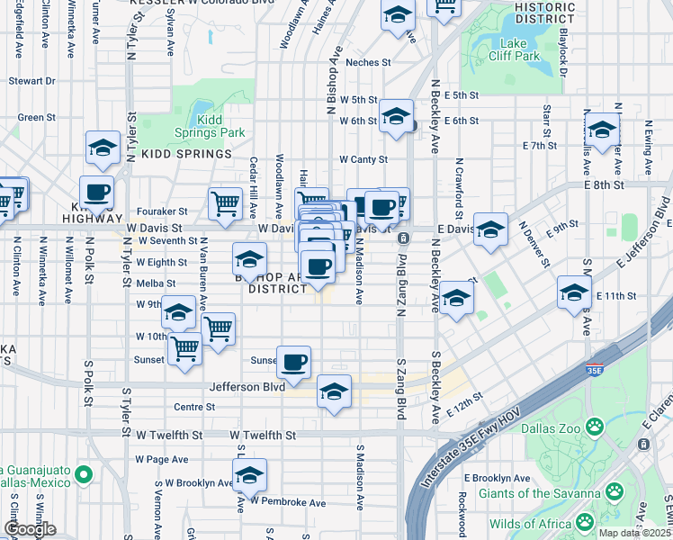 map of restaurants, bars, coffee shops, grocery stores, and more near 301 North Bishop Avenue in Dallas