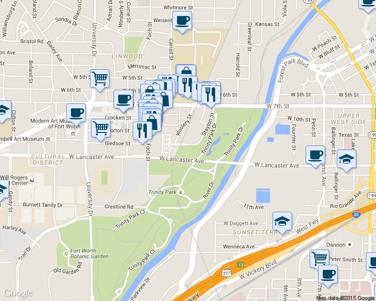map of restaurants, bars, coffee shops, grocery stores, and more near 2501 Museum Way in Fort Worth