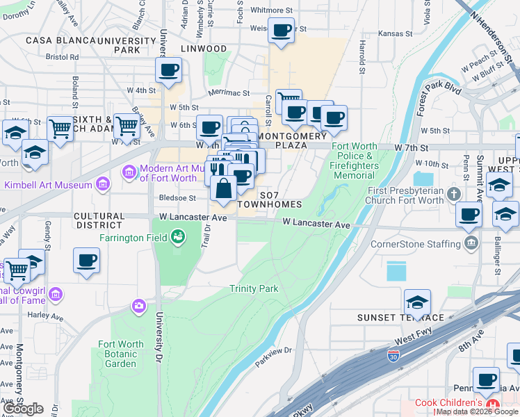 map of restaurants, bars, coffee shops, grocery stores, and more near 2617 Museum Way in Fort Worth