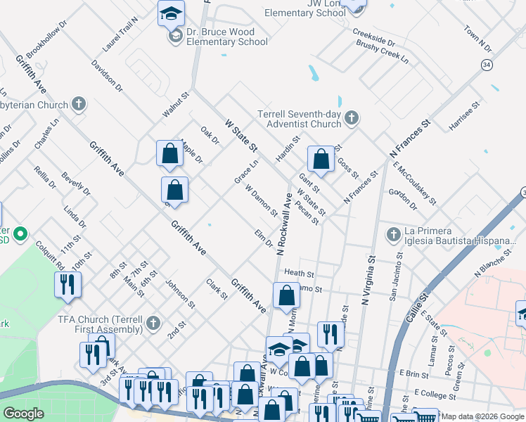 map of restaurants, bars, coffee shops, grocery stores, and more near 115 West Damon Street in Terrell