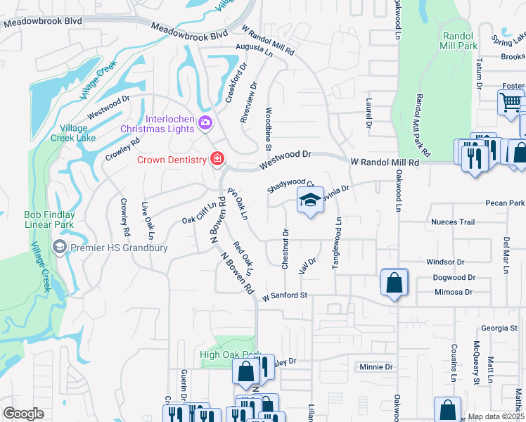 map of restaurants, bars, coffee shops, grocery stores, and more near 905 Oak View Court in Arlington