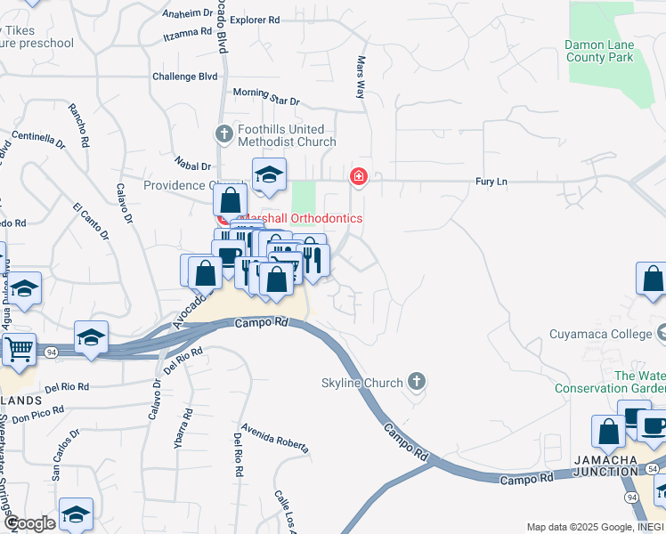 map of restaurants, bars, coffee shops, grocery stores, and more near 3697 Avocado Village Court in La Mesa