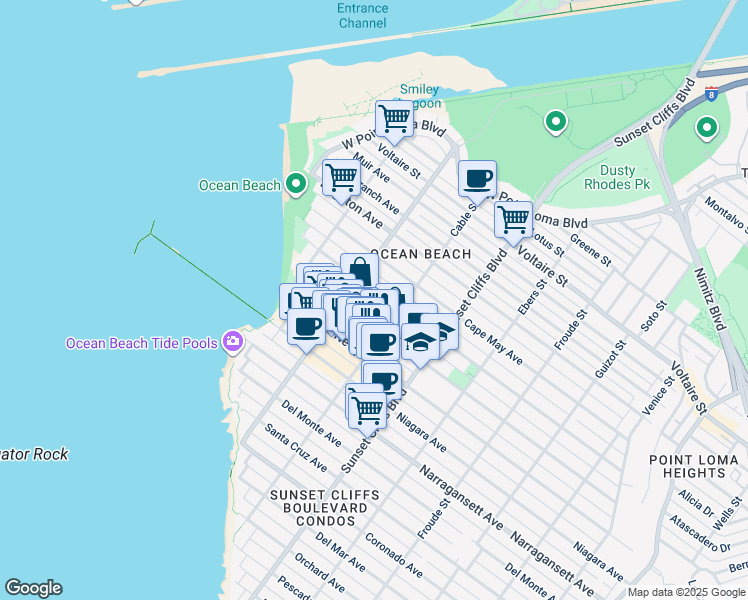 map of restaurants, bars, coffee shops, grocery stores, and more near 4961 Saratoga Avenue in San Diego