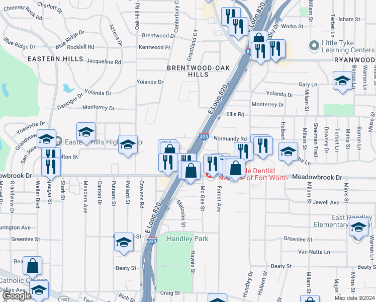 map of restaurants, bars, coffee shops, grocery stores, and more near 2188 East Loop 820 in Fort Worth