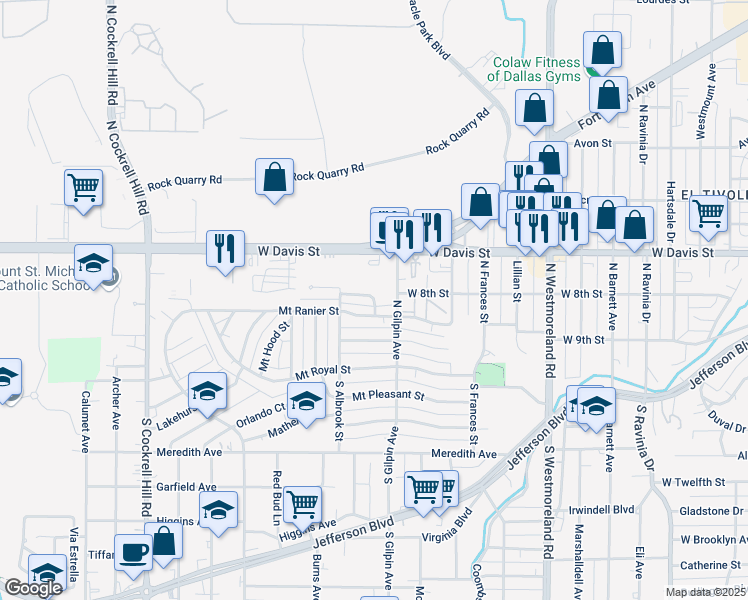 map of restaurants, bars, coffee shops, grocery stores, and more near 3828 Dismount Street in Dallas