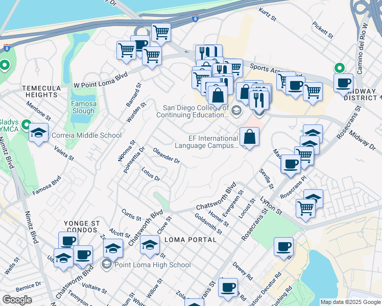 map of restaurants, bars, coffee shops, grocery stores, and more near 3407 Larga Circle in San Diego