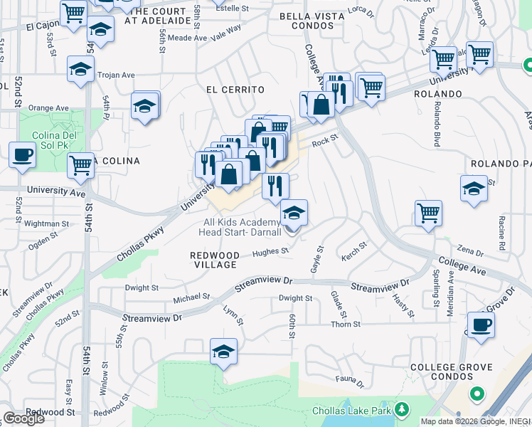 map of restaurants, bars, coffee shops, grocery stores, and more near 5985 Dandridge Lane in San Diego