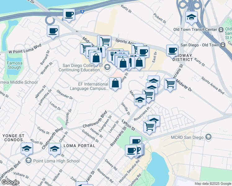 map of restaurants, bars, coffee shops, grocery stores, and more near 3405 Kenyon Street in San Diego