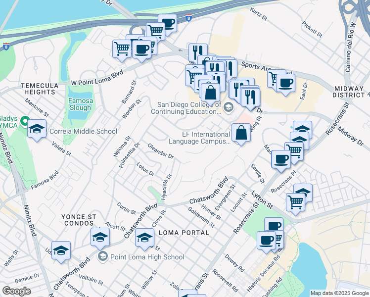 map of restaurants, bars, coffee shops, grocery stores, and more near 3407 Larga Circle in San Diego