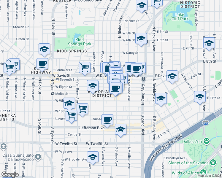 map of restaurants, bars, coffee shops, grocery stores, and more near 424 West Eighth Street in Dallas