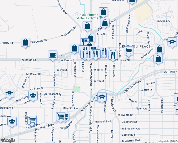 map of restaurants, bars, coffee shops, grocery stores, and more near 315 North Westmoreland Road in Dallas