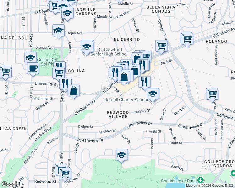 map of restaurants, bars, coffee shops, grocery stores, and more near 5748 Bates Street in San Diego