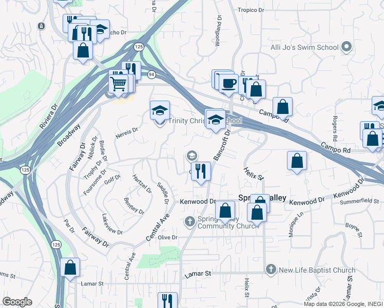 map of restaurants, bars, coffee shops, grocery stores, and more near 8942 Golf Drive in Spring Valley