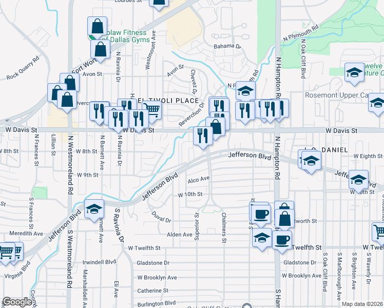 map of restaurants, bars, coffee shops, grocery stores, and more near 2727 West Jefferson Boulevard in Dallas