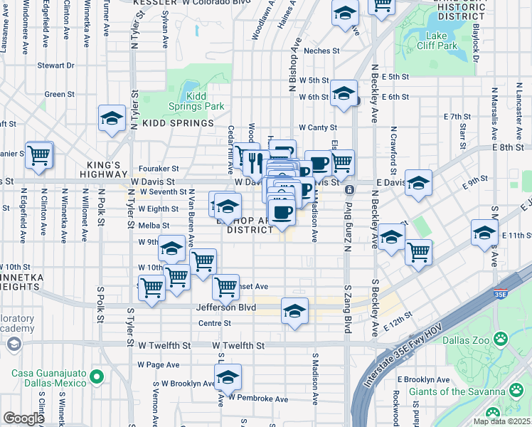 map of restaurants, bars, coffee shops, grocery stores, and more near 424 West Eighth Street in Dallas