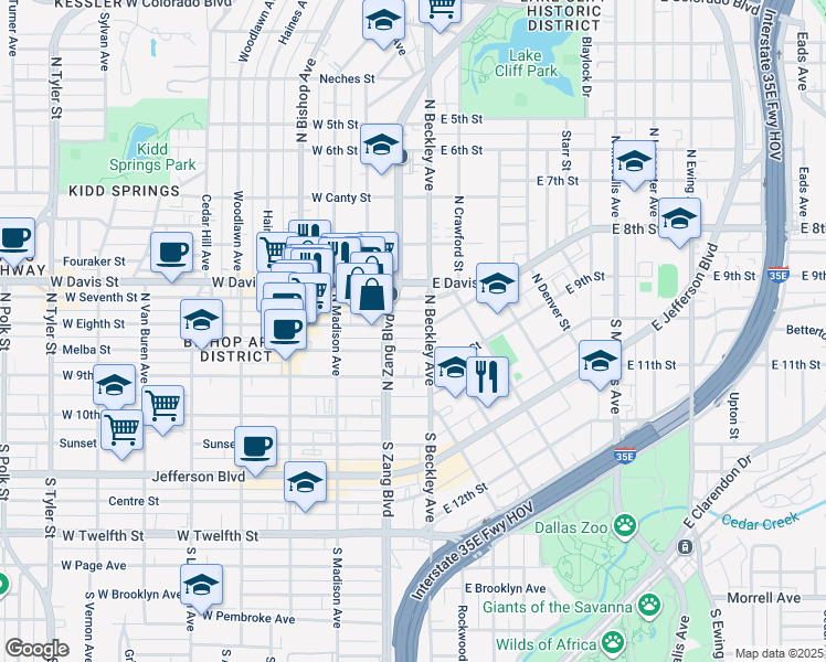 map of restaurants, bars, coffee shops, grocery stores, and more near 114 West Eighth Street in Dallas