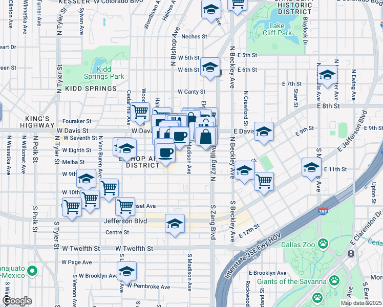 map of restaurants, bars, coffee shops, grocery stores, and more near 240 West Eighth Street in Dallas