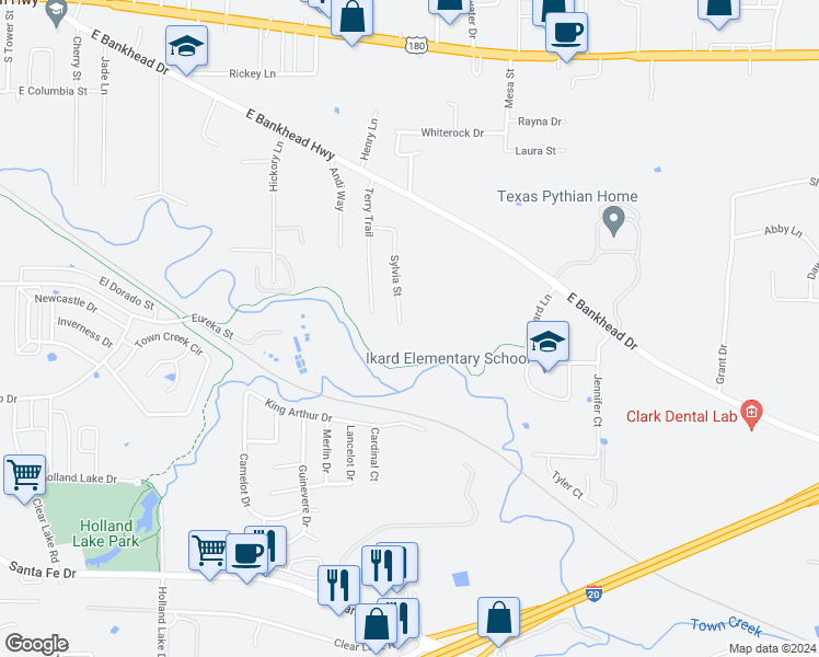 map of restaurants, bars, coffee shops, grocery stores, and more near 957 Sylvia Street in Weatherford