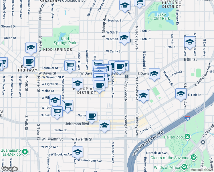 map of restaurants, bars, coffee shops, grocery stores, and more near 301 North Bishop Avenue in Dallas