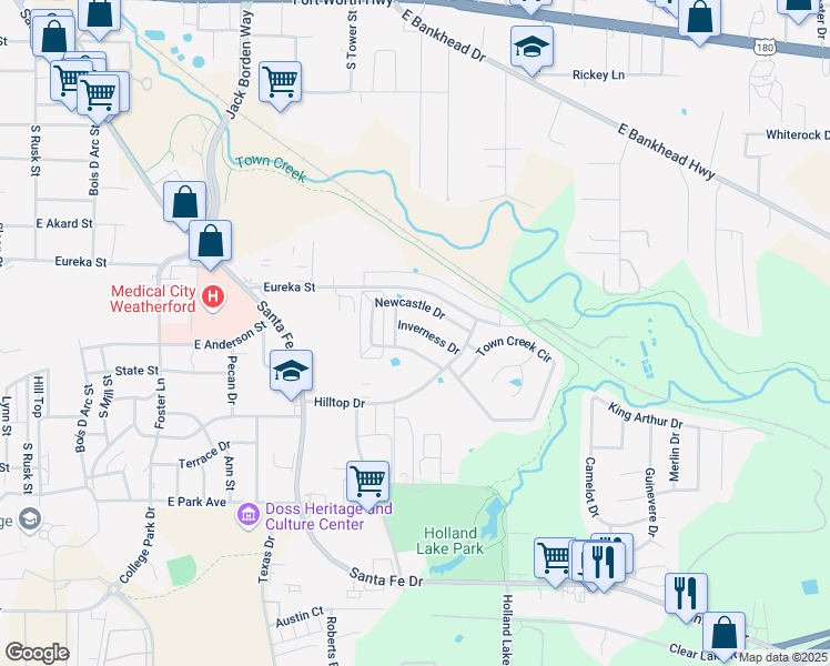 map of restaurants, bars, coffee shops, grocery stores, and more near 1033 Inverness Drive in Weatherford