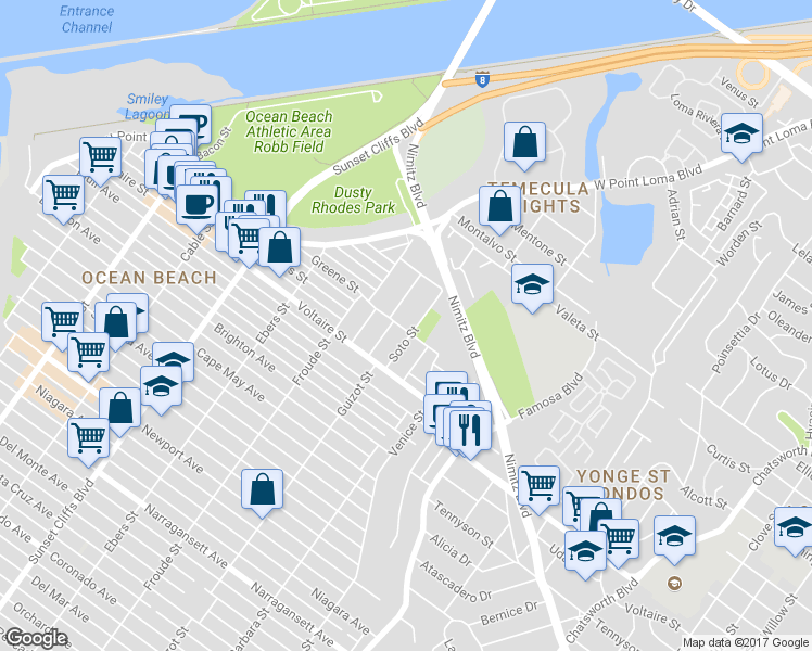 map of restaurants, bars, coffee shops, grocery stores, and more near 4470 Greene St in San Diego