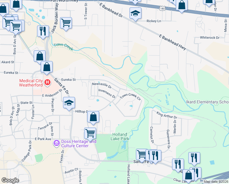 map of restaurants, bars, coffee shops, grocery stores, and more near 1007 Newcastle Drive in Weatherford