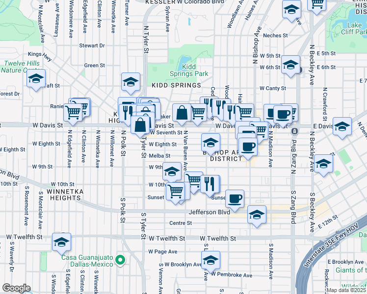 map of restaurants, bars, coffee shops, grocery stores, and more near 700 West Eighth Street in Dallas