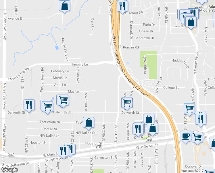 map of restaurants, bars, coffee shops, grocery stores, and more near 19 Northwest 20th Street in Grand Prairie
