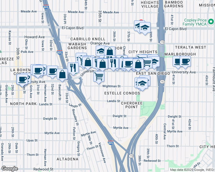 map of restaurants, bars, coffee shops, grocery stores, and more near 3800 Wilson Avenue in San Diego
