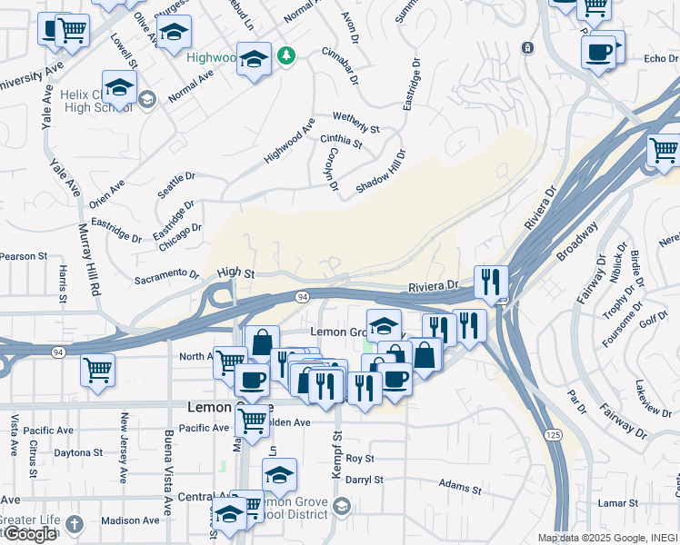 map of restaurants, bars, coffee shops, grocery stores, and more near 8050 High Street in La Mesa