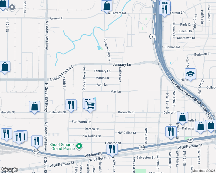 map of restaurants, bars, coffee shops, grocery stores, and more near 2329 April Lane in Grand Prairie