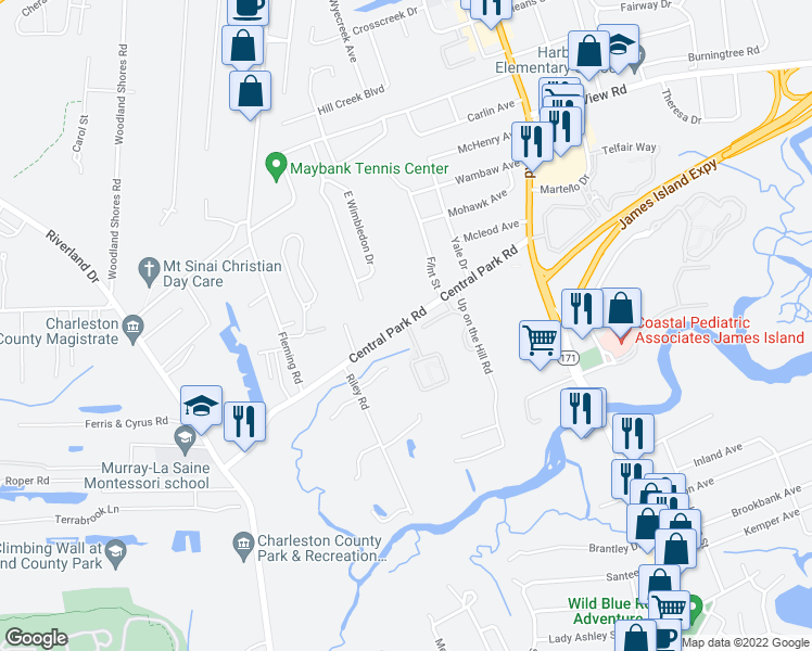 map of restaurants, bars, coffee shops, grocery stores, and more near 1815 Central Park Road in Charleston