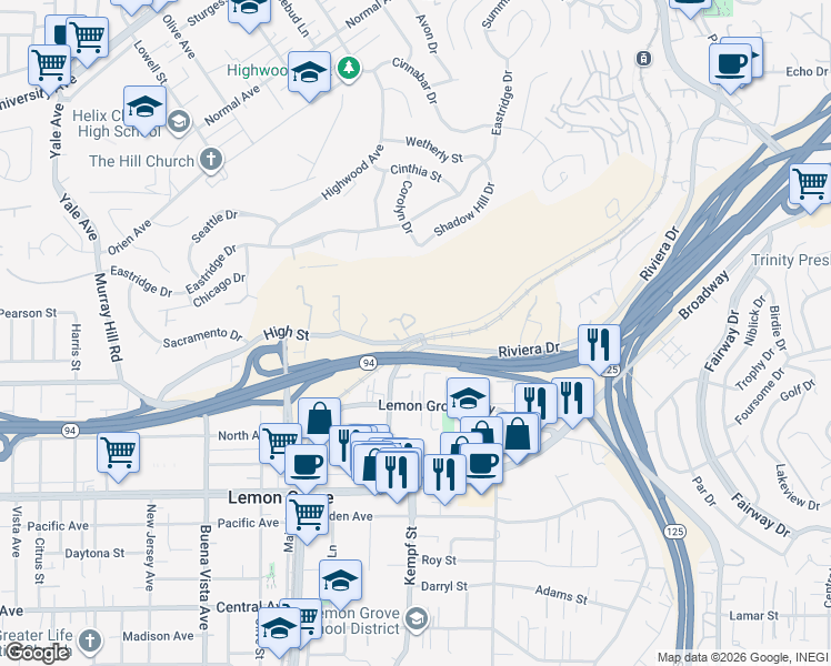 map of restaurants, bars, coffee shops, grocery stores, and more near 8050 High Street in La Mesa