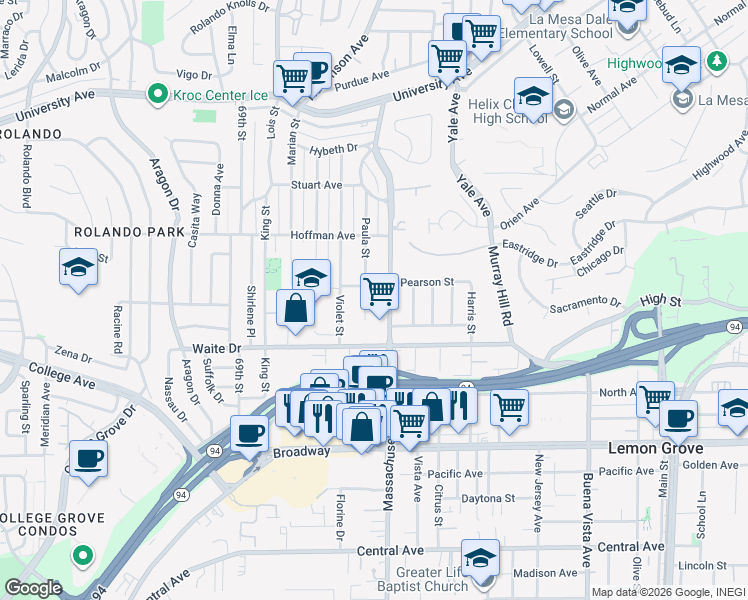 map of restaurants, bars, coffee shops, grocery stores, and more near 3867 Paula Street in La Mesa