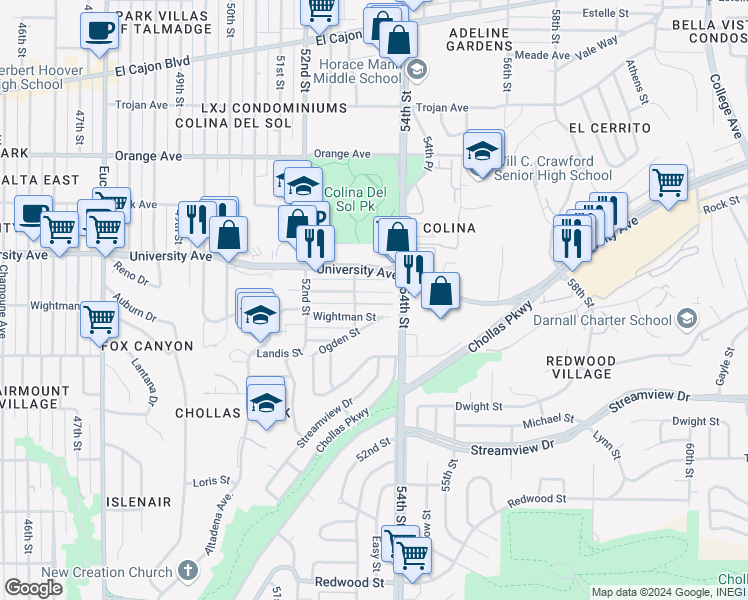 map of restaurants, bars, coffee shops, grocery stores, and more near 5317 Rex Avenue in San Diego