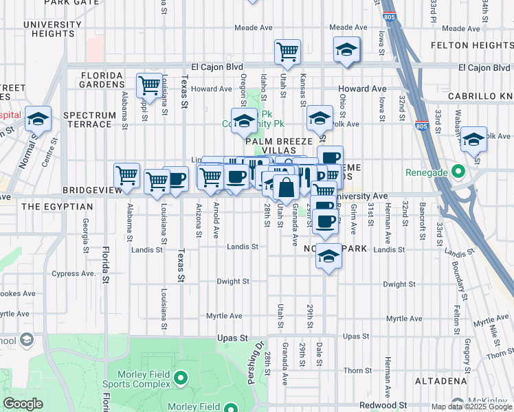map of restaurants, bars, coffee shops, grocery stores, and more near 3820 Pershing Avenue in San Diego