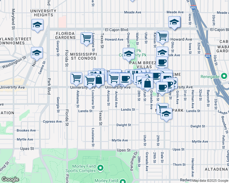 map of restaurants, bars, coffee shops, grocery stores, and more near 3825 Arnold Avenue in San Diego