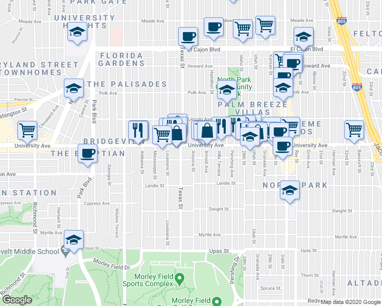 map of restaurants, bars, coffee shops, grocery stores, and more near 3822 1/2 Arizona Street in San Diego