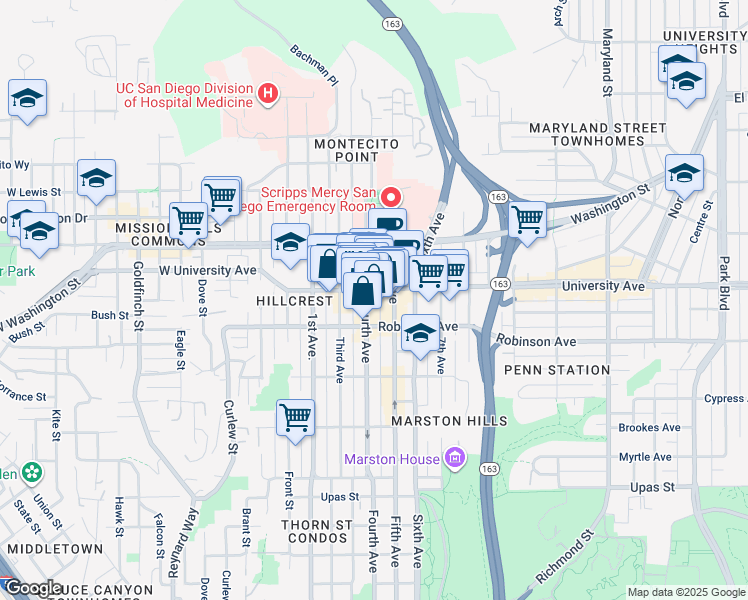 map of restaurants, bars, coffee shops, grocery stores, and more near 3882 Fourth Avenue in San Diego