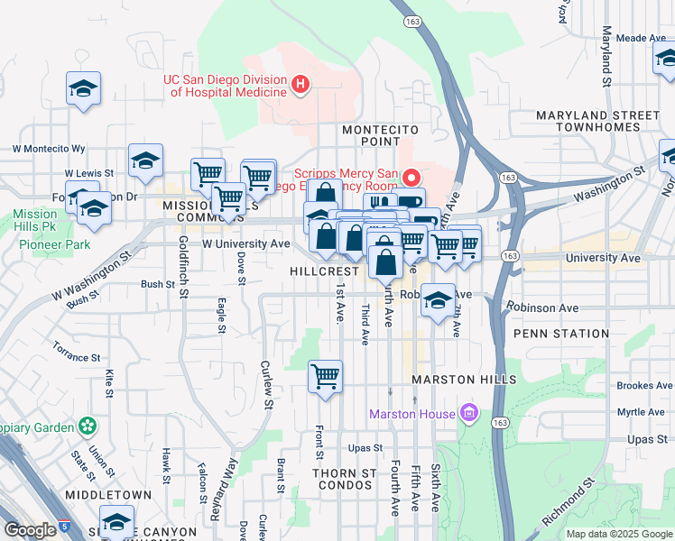 map of restaurants, bars, coffee shops, grocery stores, and more near 127 University Avenue in San Diego