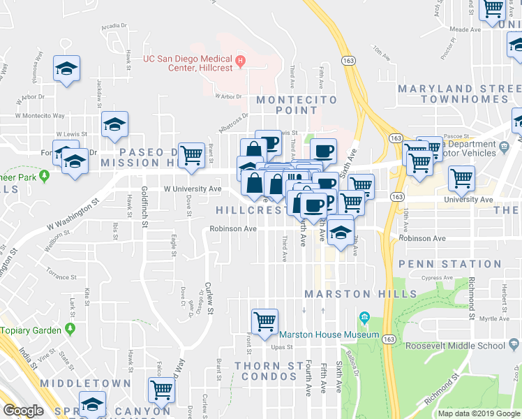 map of restaurants, bars, coffee shops, grocery stores, and more near 127 University Avenue in San Diego