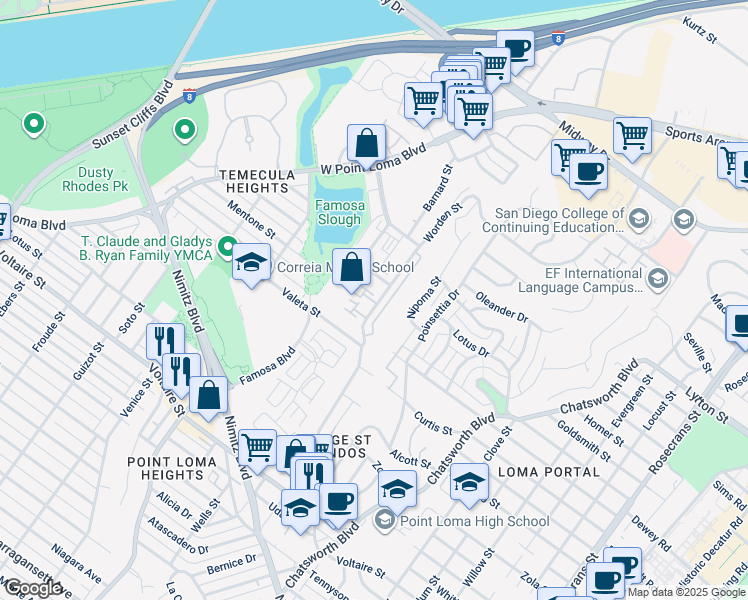 map of restaurants, bars, coffee shops, grocery stores, and more near 2654 Worden Street in San Diego