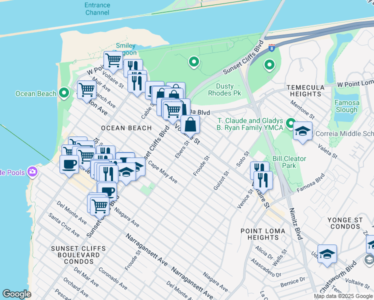 map of restaurants, bars, coffee shops, grocery stores, and more near 4678 Muir Avenue in San Diego