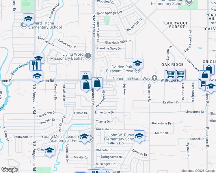 map of restaurants, bars, coffee shops, grocery stores, and more near 10308 New Bedford Drive in Dallas