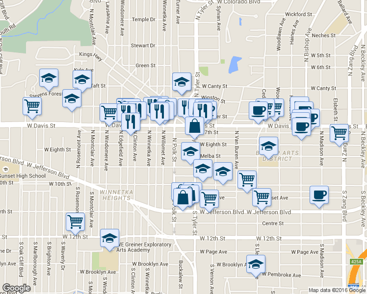 map of restaurants, bars, coffee shops, grocery stores, and more near 918 West Eighth Street in Dallas