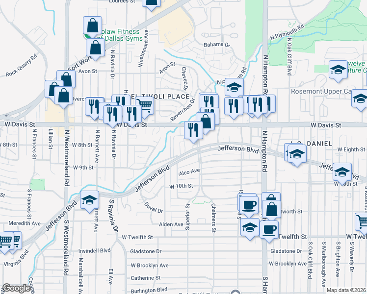 map of restaurants, bars, coffee shops, grocery stores, and more near 2727 West Jefferson Boulevard in Dallas