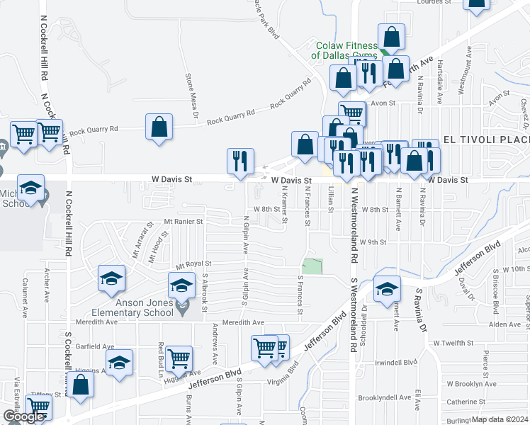 map of restaurants, bars, coffee shops, grocery stores, and more near 3606 West 8th Street in Dallas
