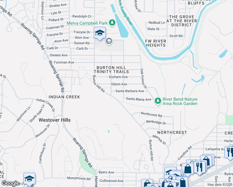 map of restaurants, bars, coffee shops, grocery stores, and more near 5525 Santa Barbara Avenue in Fort Worth