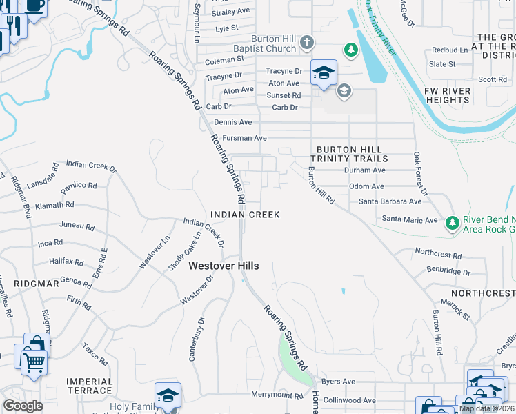 map of restaurants, bars, coffee shops, grocery stores, and more near 1327 Roaring Springs Road in Fort Worth