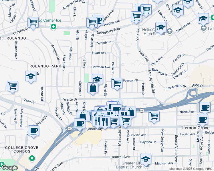 map of restaurants, bars, coffee shops, grocery stores, and more near 3861 Violet Street in La Mesa
